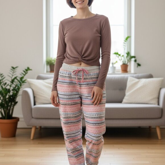Cuddl Duds Cream Top and Patterned Joggers Set - Picture 1 of 13